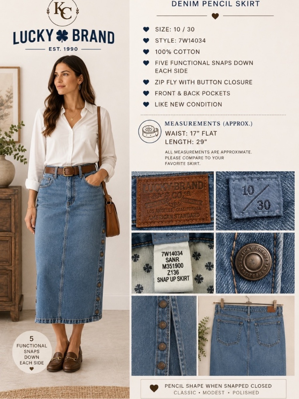 Lucky Brand Snap Up Denim Midi Skirt Size 10/30 Side Snaps Western - Picture 2 of 12